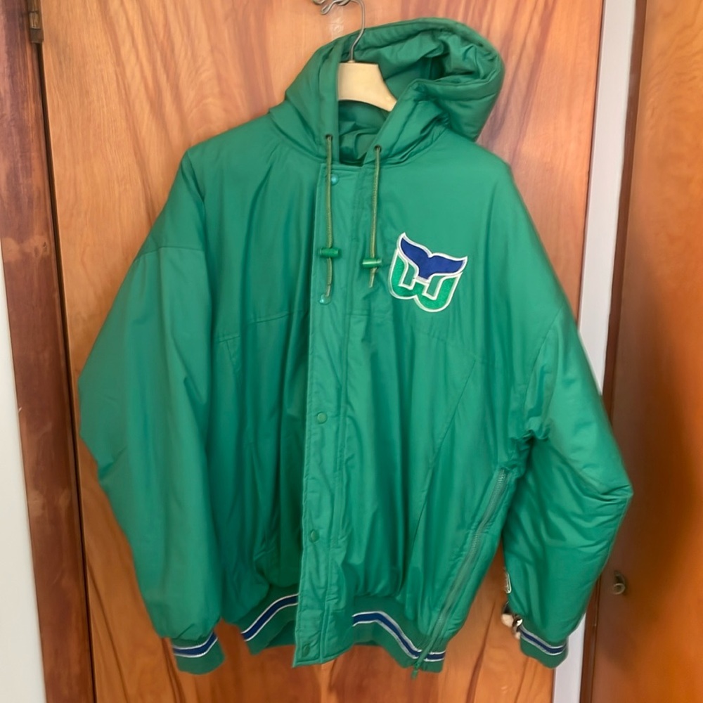 Whalers vintage starter hooded jacket, zip up & snaps. Green